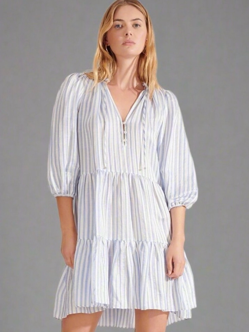 Veronica Beard Light Blue and White Striped Ruffle Tiered Dress Size 8